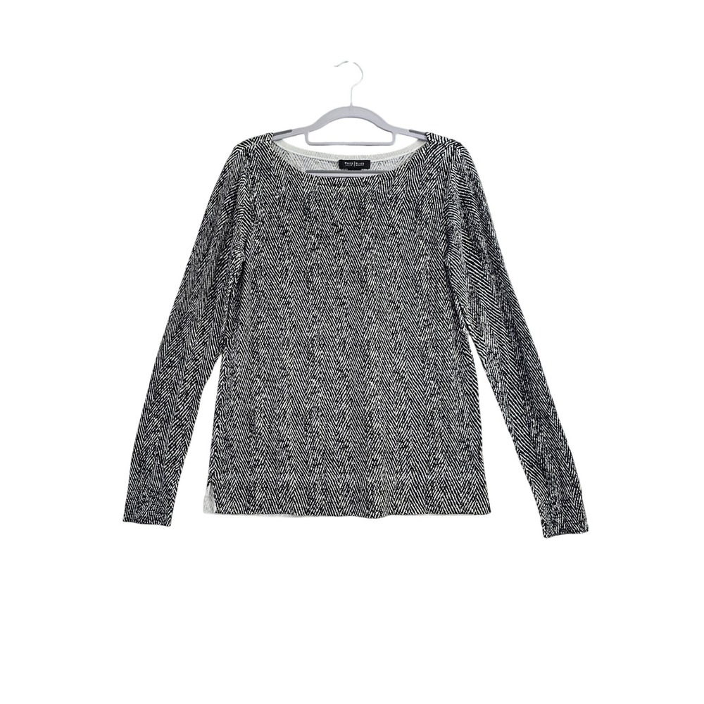 White House Black Market Sweater Womens L Black White Herringbone Knit Career